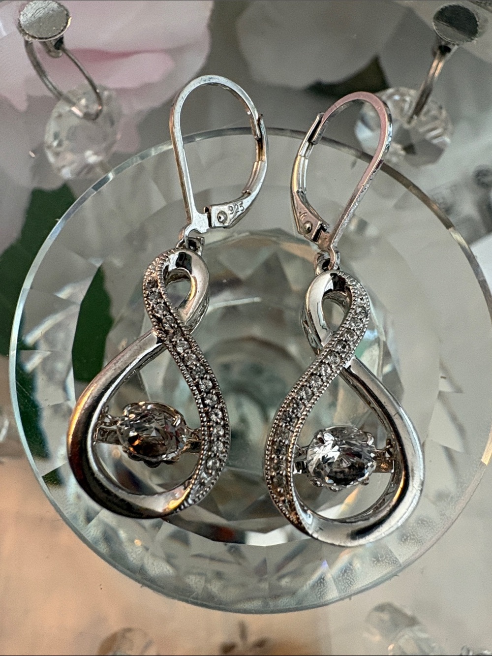 Sterling Silver  Rhodium Lever-backs Infinity Drop floating Moissanite earrings.